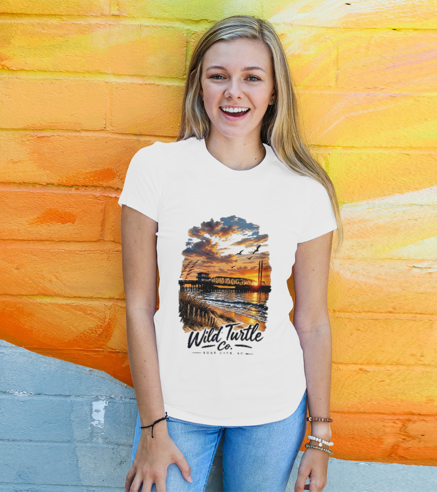 Wild Turtle Co Surf City NC Beach Dunes Pier Sunset Flying Birds T-Shirt
