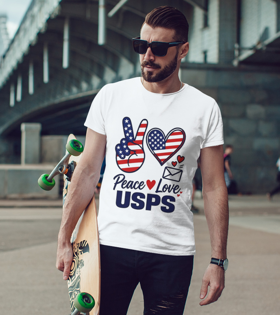 Peace Love USPS American Flag Heart And Mail T-Shirt