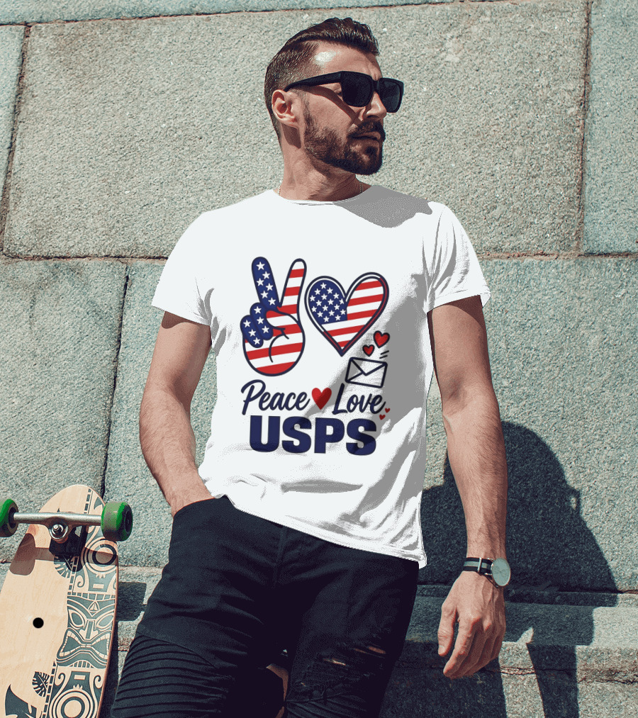 Peace Love USPS American Flag Heart And Mail T-Shirt