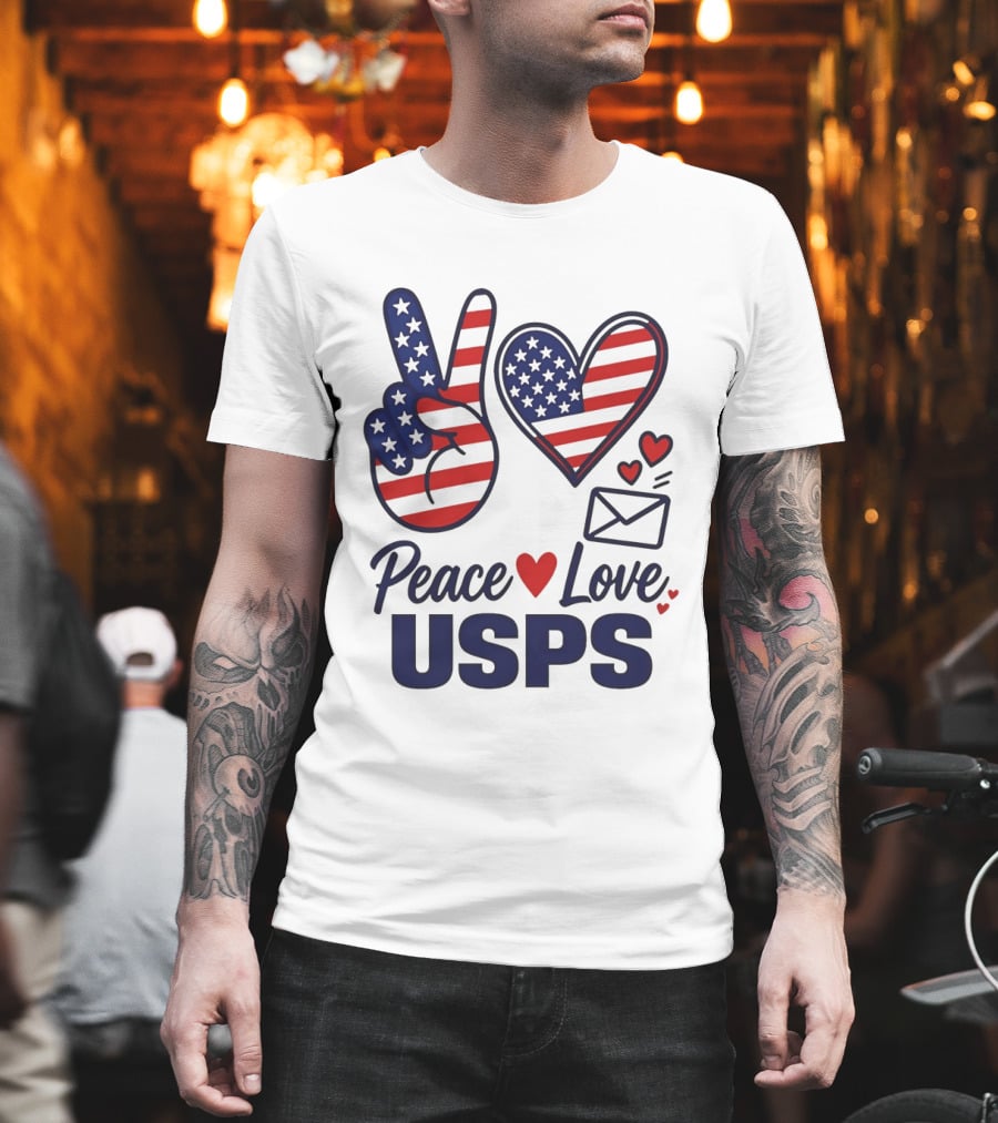 Peace Love USPS American Flag Heart And Mail T-Shirt