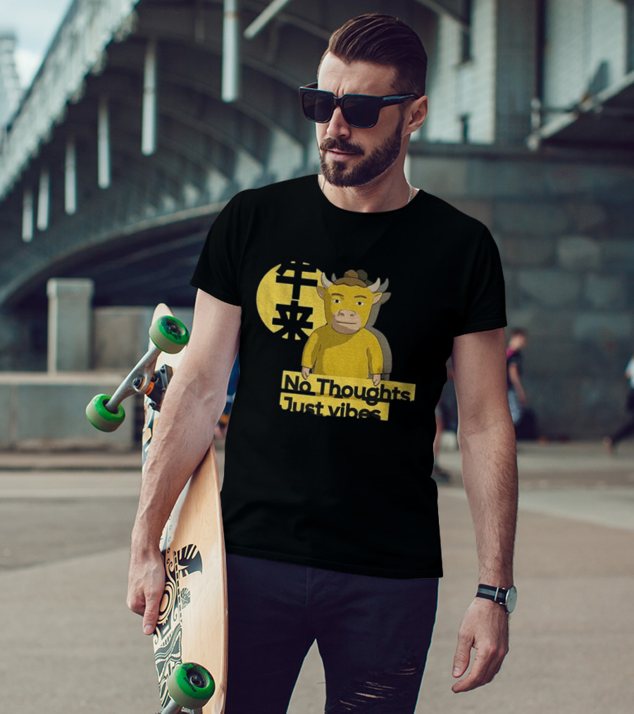 Niu Lai No Thoughts Just Vibes Yellow Cow Humor T-Shirt