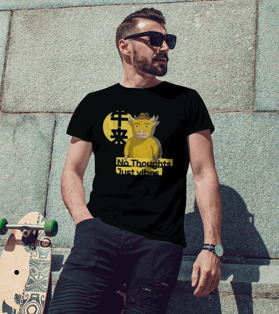 Niu Lai No Thoughts Just Vibes Yellow Cow Humor T-Shirt