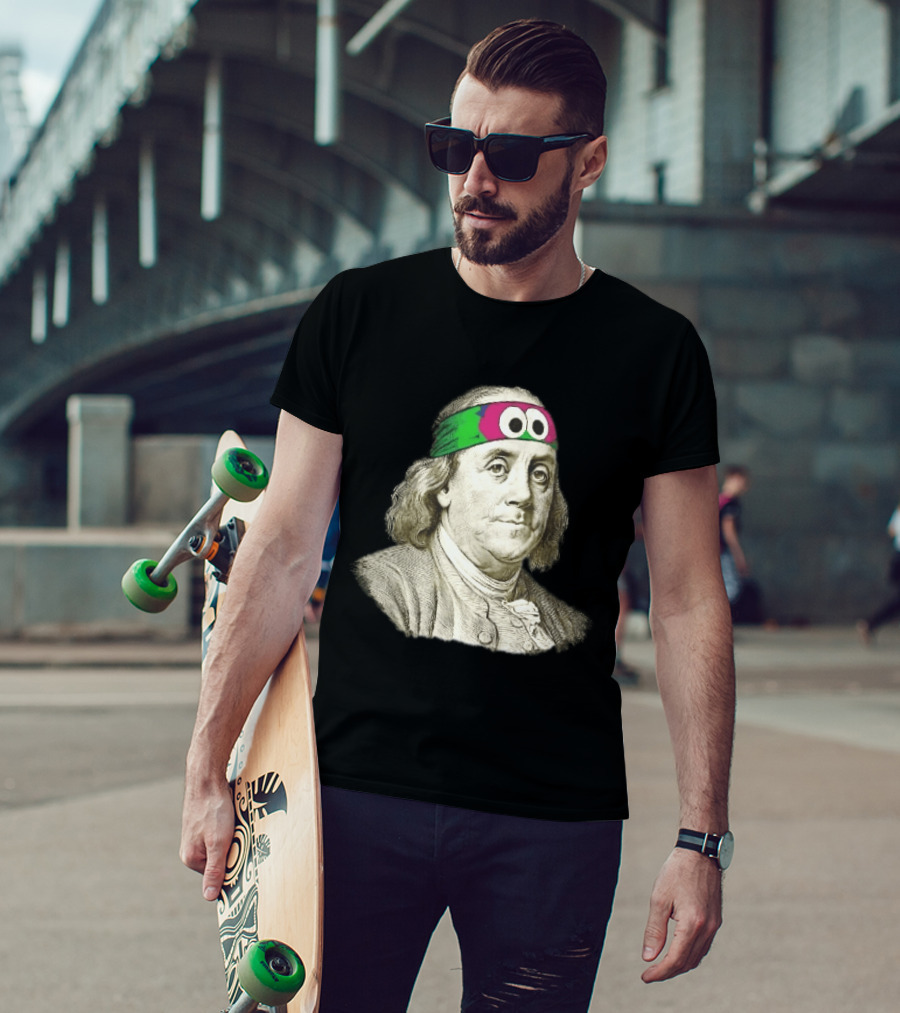 Benjamin Franklin Cartoon With Colorful Ninja Headband And Googly Eyes T-Shirt