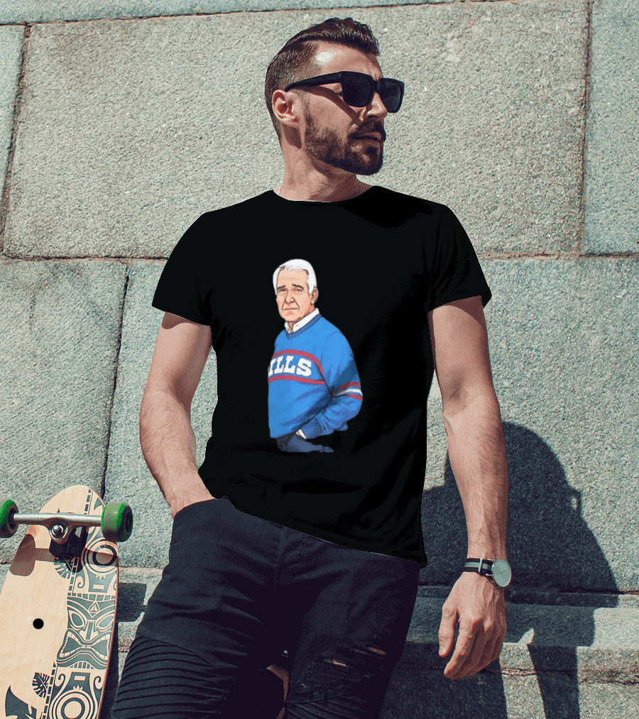 Buffalo Bills Coach Marv Levy Caricature In Blue Sweater With Team Name T-Shirt