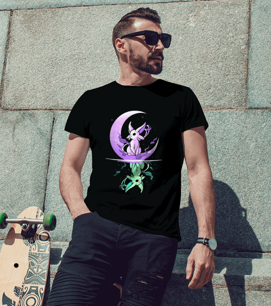 Cartoon Purple Espeon On Crescent Moon With Green Reflection T-Shirt