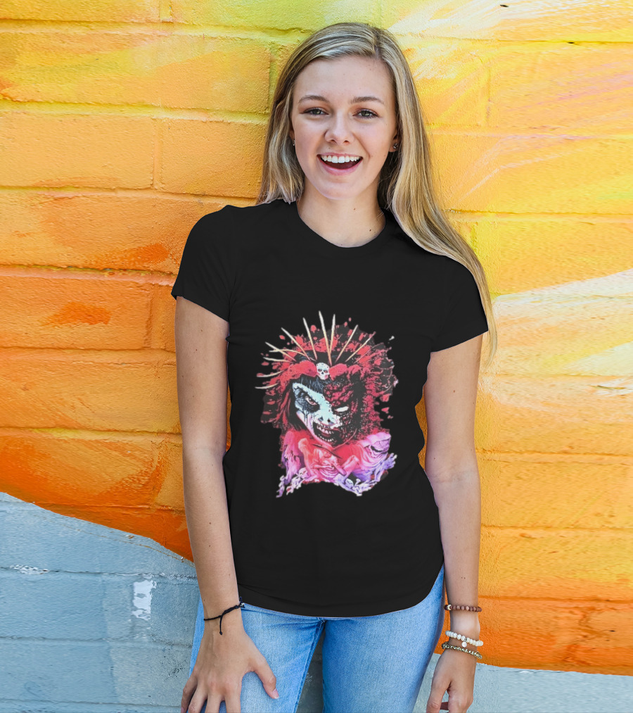 Demonic Japanese Geisha Skull Crown With Red Paint Splatter And Floral T-Shirt