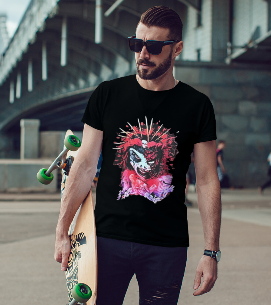 Demonic Japanese Geisha Skull Crown With Red Paint Splatter And Floral T-Shirt
