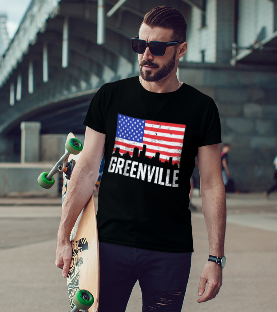 Greenville Skyline American Flag Cityscape T-Shirt