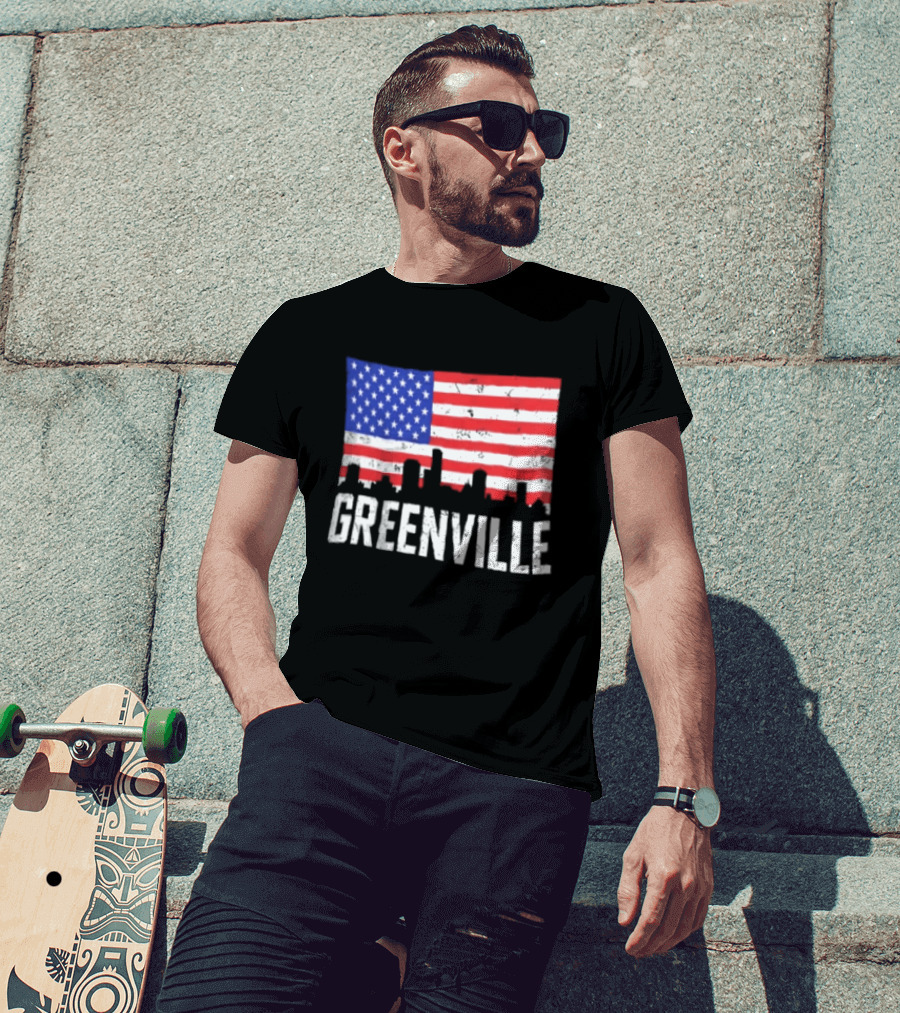 Greenville Skyline American Flag Cityscape T-Shirt