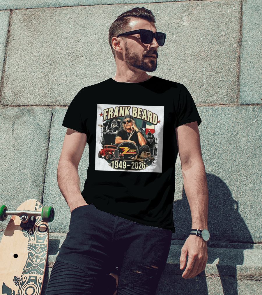 Frank Beard ZZ Top Rock Texas Drummer 1949 2026 Vintage Car And Drumsticks T-Shirt