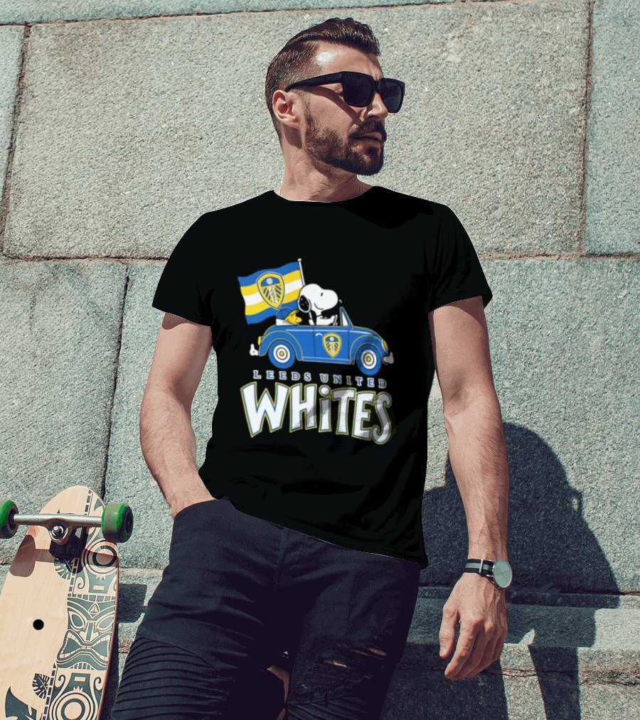 Leeds United Whites Snoopy Car Driving With Flag T-Shirt