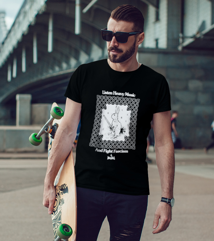 Listen Heavy Music And Fight Fascism Bunny With Sword Celtic Knot Frame T-Shirt