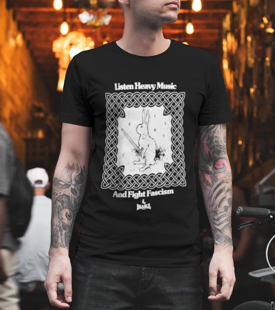 Listen Heavy Music And Fight Fascism Bunny With Sword Celtic Knot Frame T-Shirt