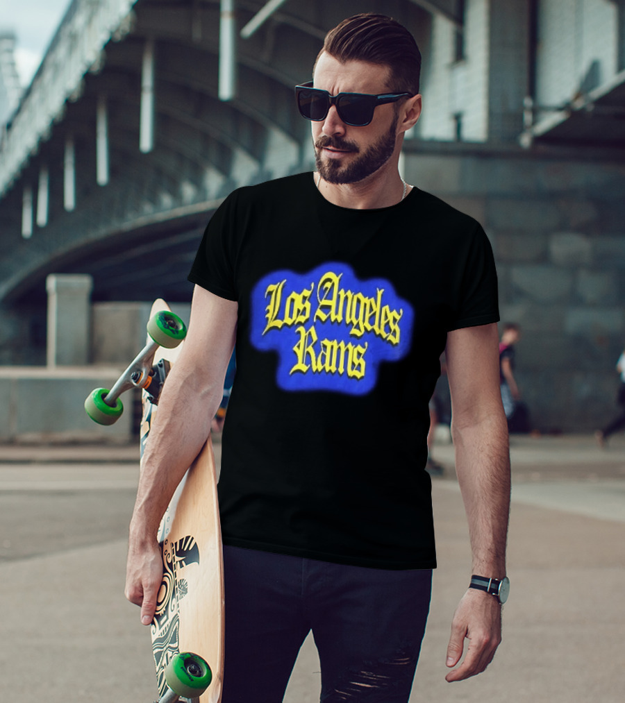 Los Angeles Rams Yellow Gothic Letters Blue Aura T-Shirt