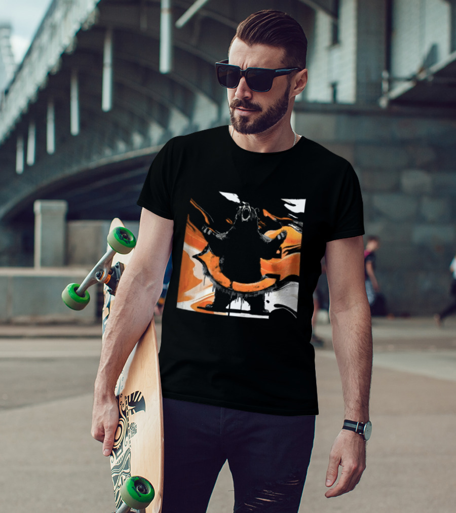 Roaring Black Bear Orange Liquid Swirls Dripping Banner T-Shirt