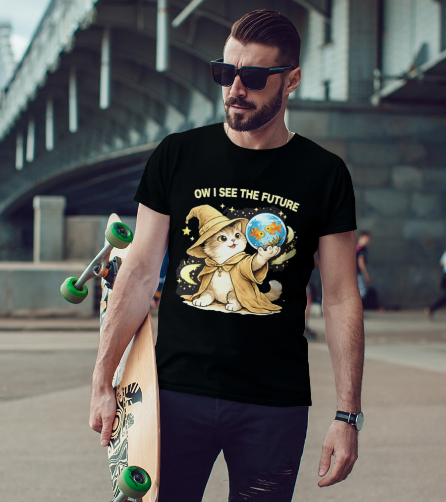Wizard Cat Halloween Ow I See The Future Goldfish T-Shirt
