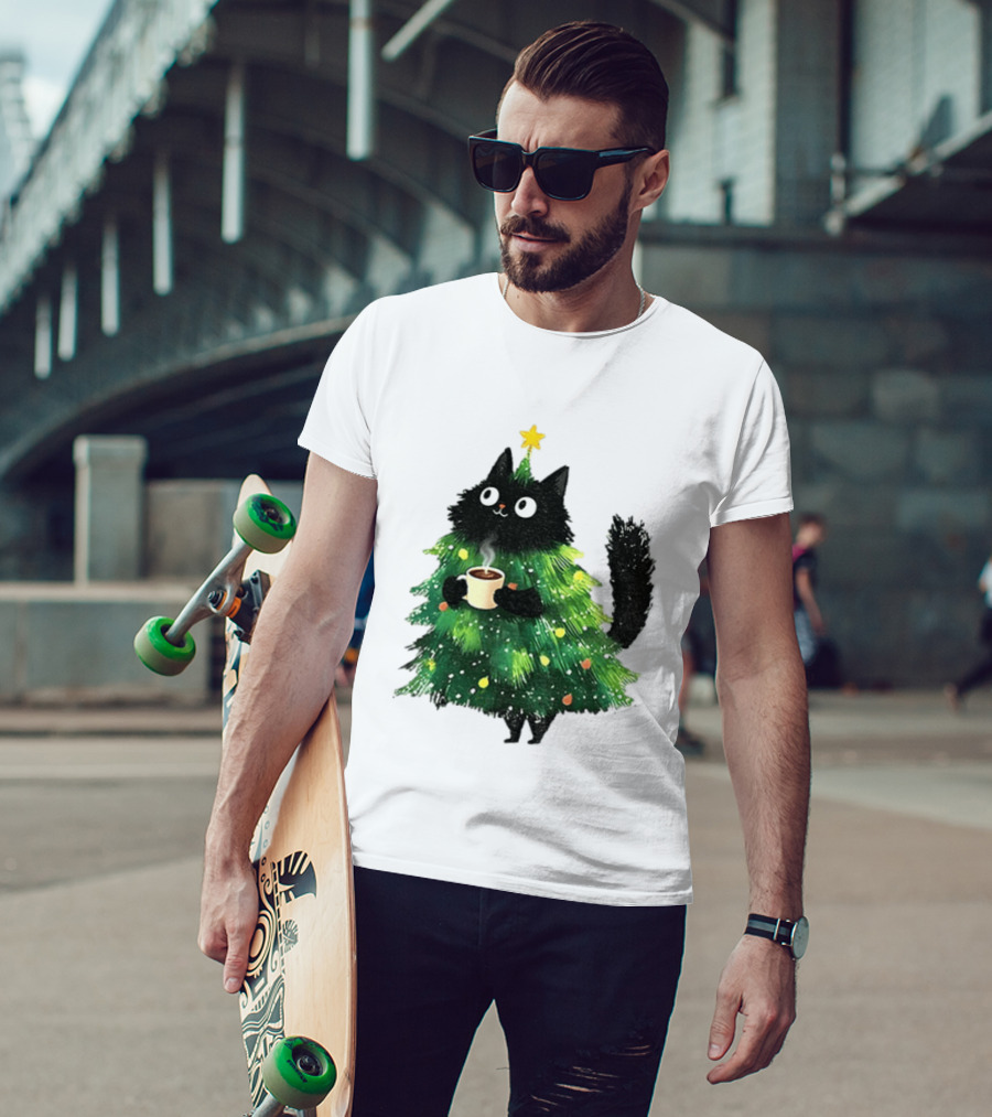 Black Cat Christmas Tree With Hot Coffee Cup T-Shirt