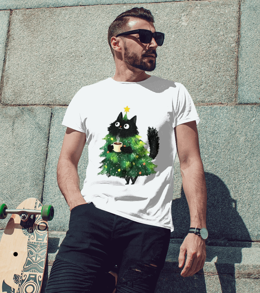 Black Cat Christmas Tree With Hot Coffee Cup T-Shirt