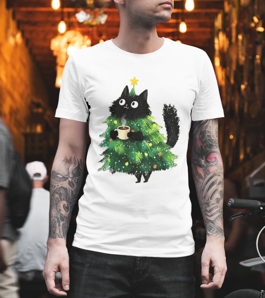 Black Cat Christmas Tree With Hot Coffee Cup T-Shirt
