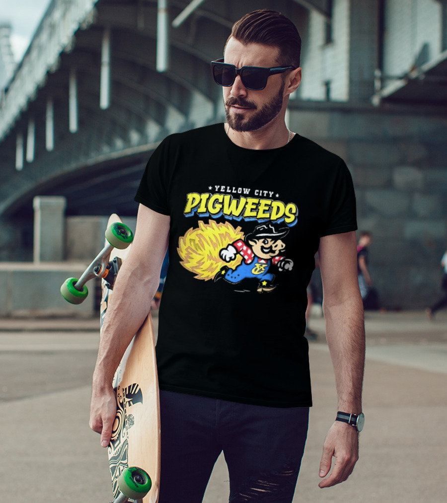 Yellow City Pigweeds Cartoon Cowboy Overalls Tumbleweed Running T-Shirt