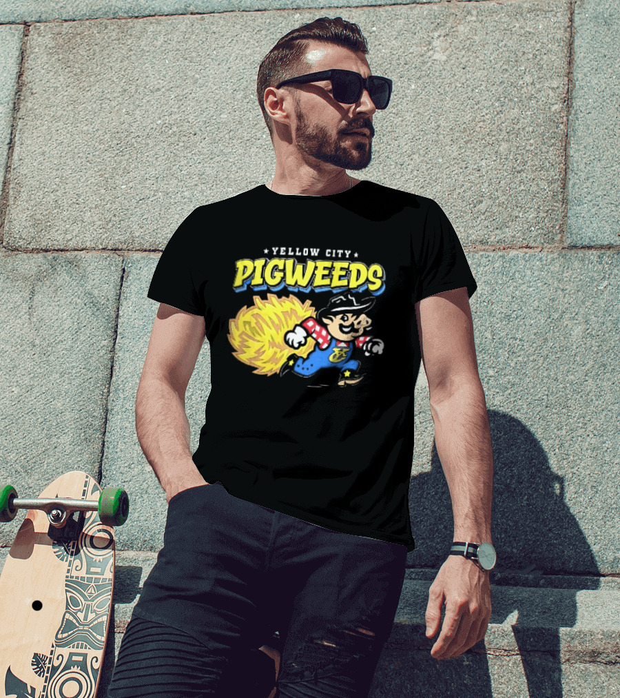 Yellow City Pigweeds Cartoon Cowboy Overalls Tumbleweed Running T-Shirt