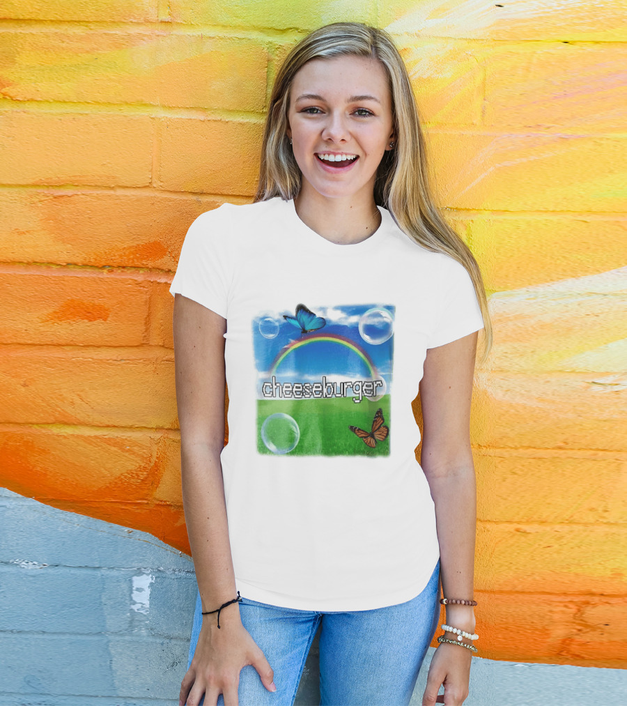 Cheeseburger Pixel Text Rainbow Butterflies Floating Bubbles T-Shirt