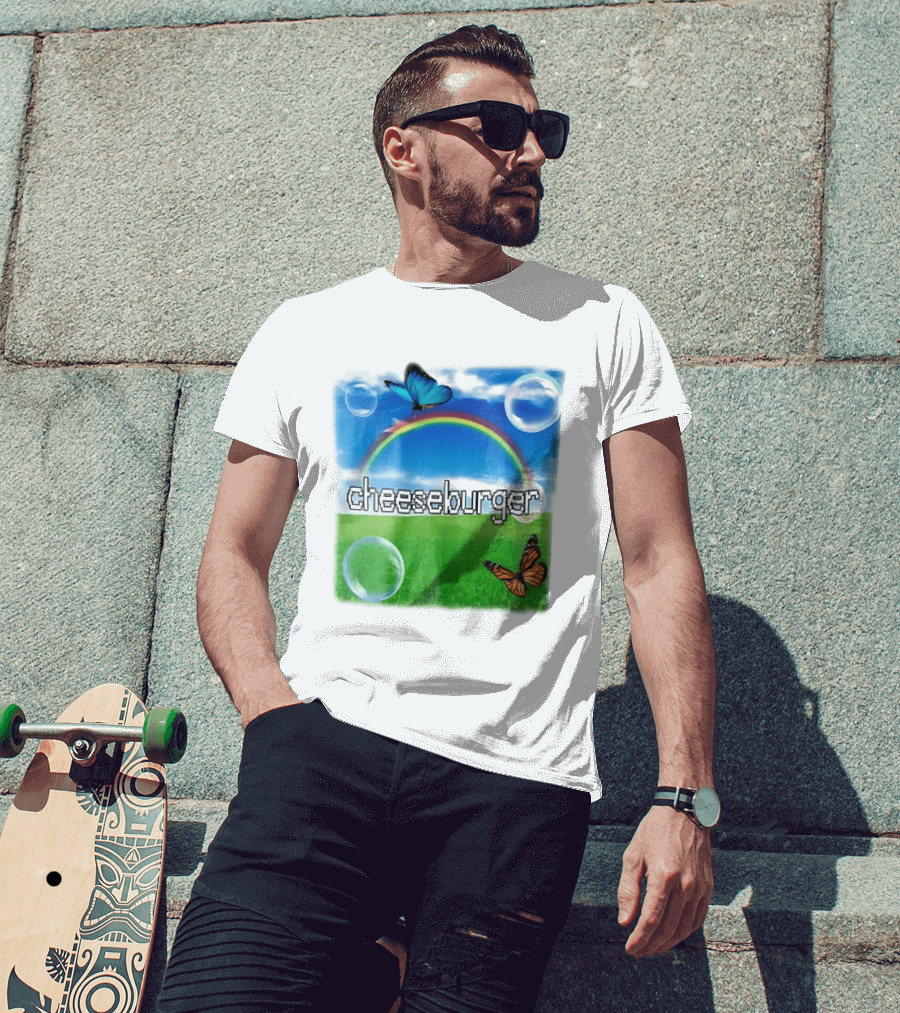 Cheeseburger Pixel Text Rainbow Butterflies Floating Bubbles T-Shirt