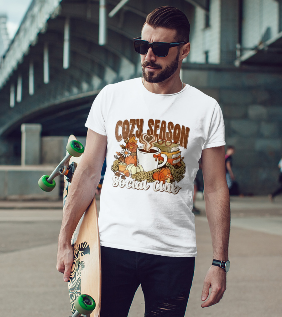 Cozy Season Social Club Coffee Books Pumpkins Knitted Blanket Autumn Vibes T-Shirt