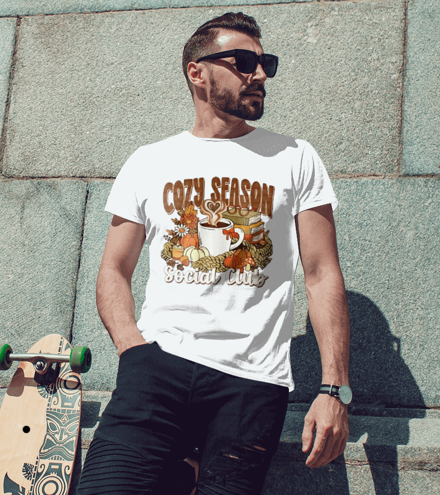 Cozy Season Social Club Coffee Books Pumpkins Knitted Blanket Autumn Vibes T-Shirt