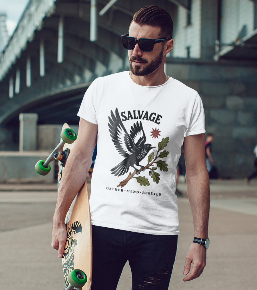 Salvage Gather Mend Rebuild Bird On Oak Branch With Acorns T-Shirt
