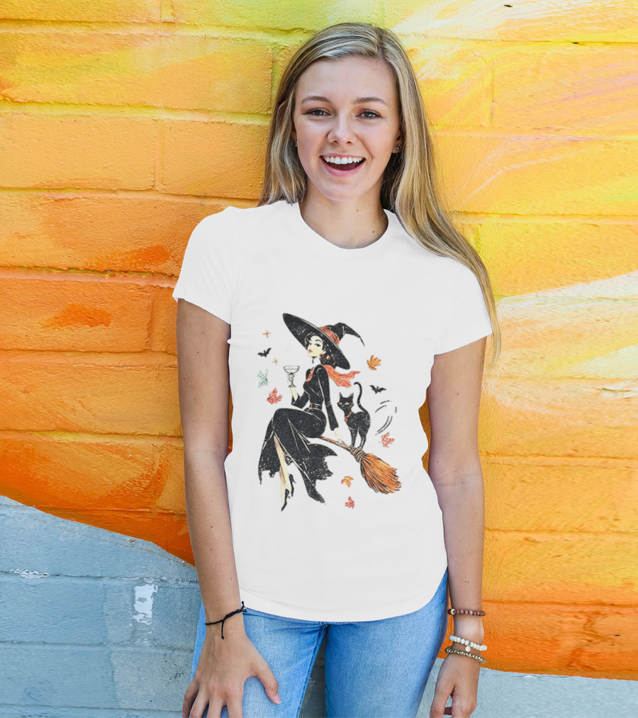 Witch Cat Ringer Spooky Fall Pumpkin Halloween Vintage Witch And Black Cat On Broomstick With Coffee Cup And Autumn Leaves T-Shirt