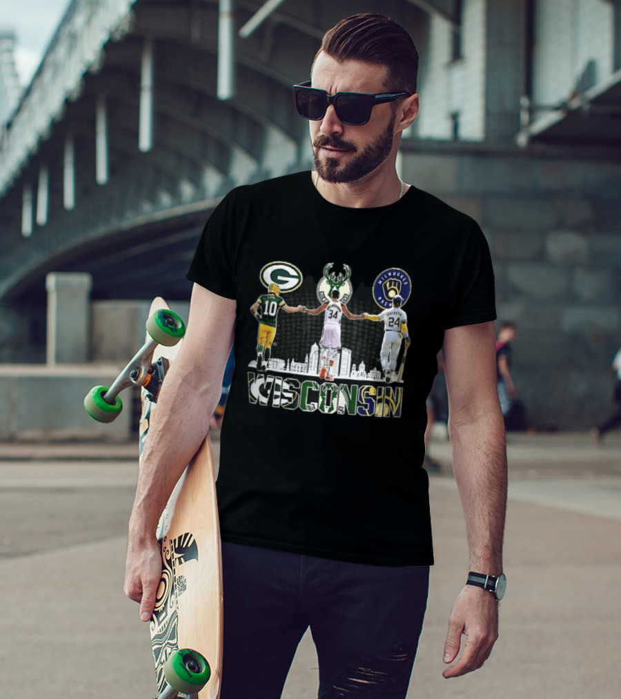Green Bay Packers Milwaukee Bucks Brewers Wisconsin Antetokounmpo Contreras Love Skyline T-Shirt