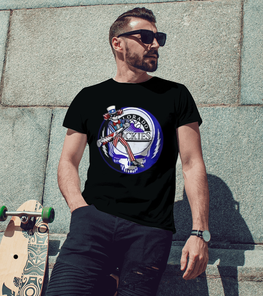 Colorado Rockies Grateful Dead Uncle Sam Skeleton Batting Lightning Stealie Skull T-Shirt