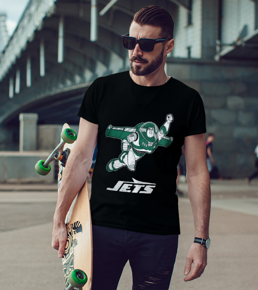 Buzz Lightyear Flying New York Jets Distressed Cartoon T-Shirt