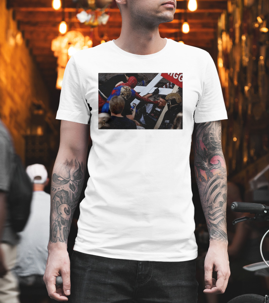 Unmasked Conflict Spider Man Vs Jake Lang Rally Minneapolis Protest T-Shirt