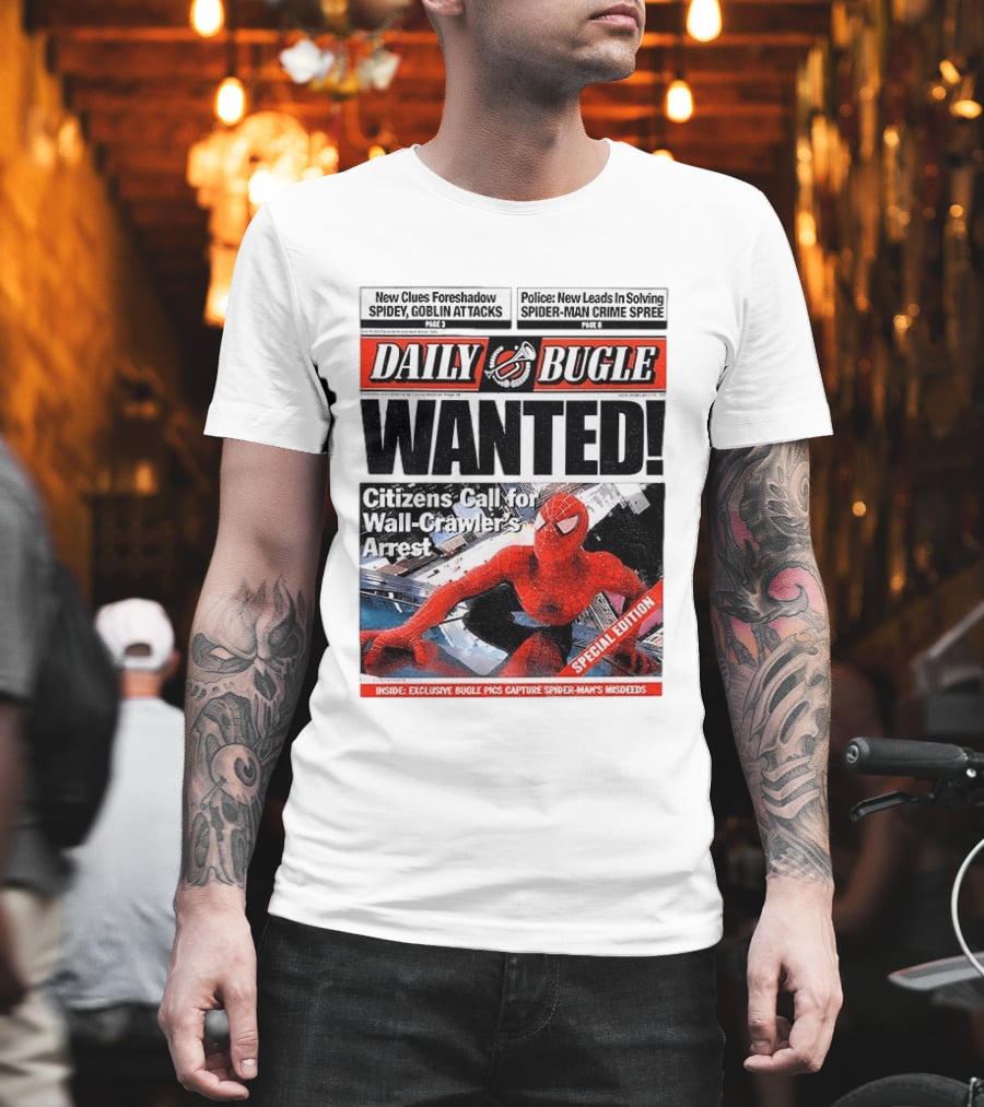 Daily Bugle Wanted Citizens Call Wall Crawler's Arrest Special Edition Spiderman Goblin Police Crime Spree T-Shirt