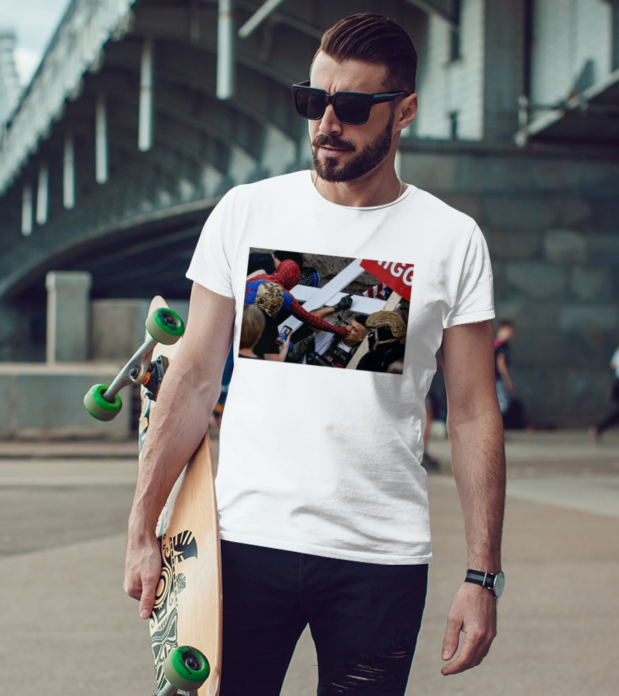 Spiderman Punch A Nazi Protest Scene With Cross And American Flag T-Shirt