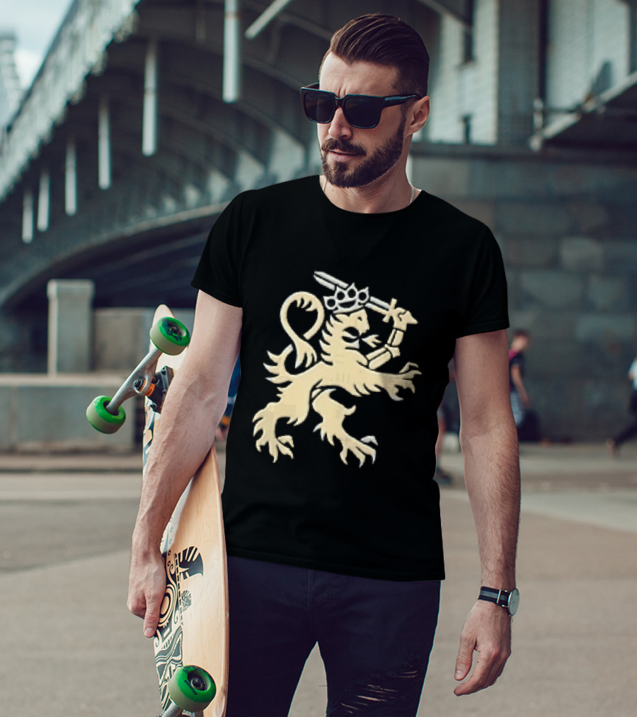 Heraldic Gold Rampant Lion With Crown Sword And Brass Knuckles T-Shirt