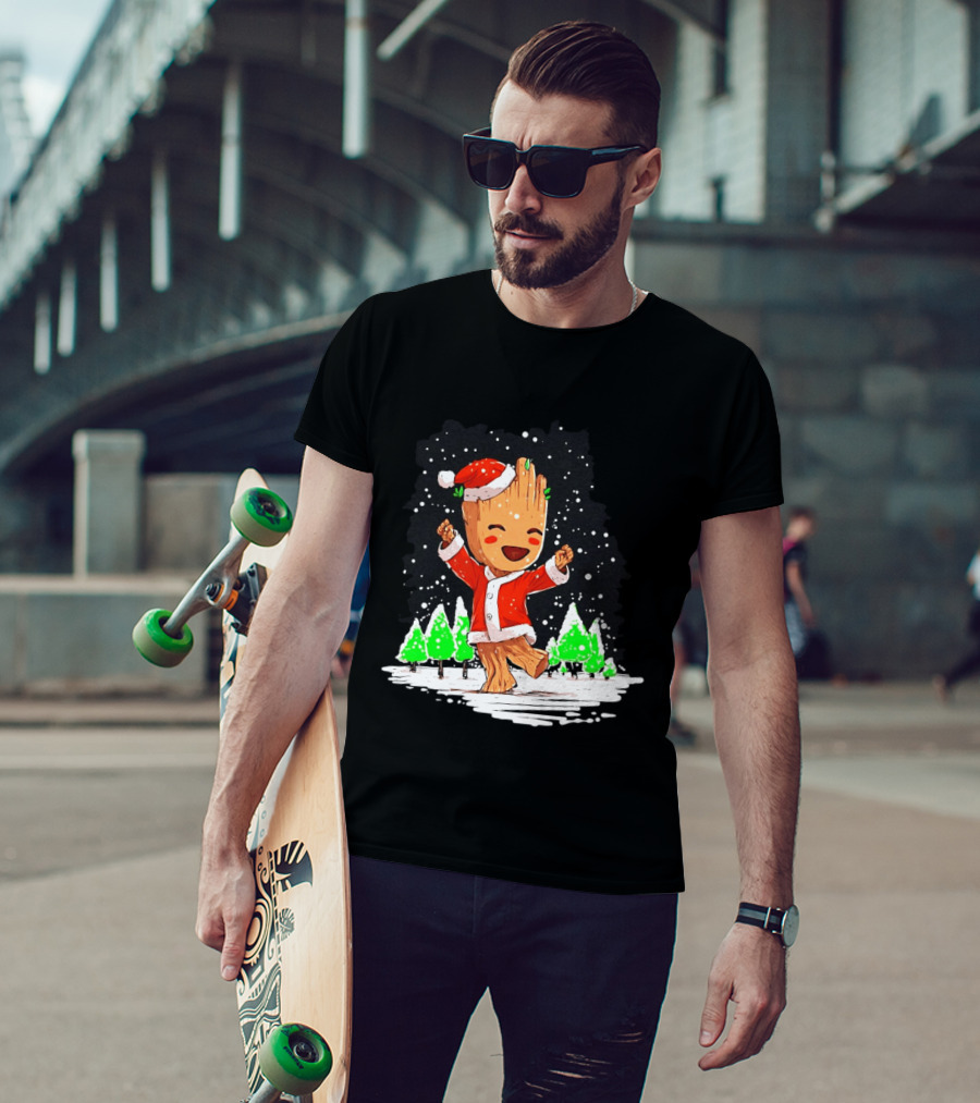 Dancing Santa Groot Christmas Trees Snow Scene T-Shirt