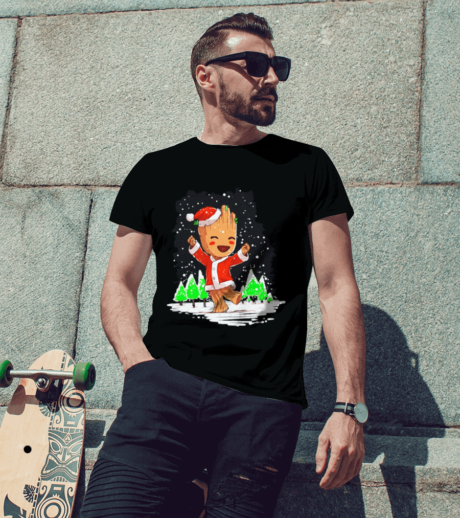 Dancing Santa Groot Christmas Trees Snow Scene T-Shirt