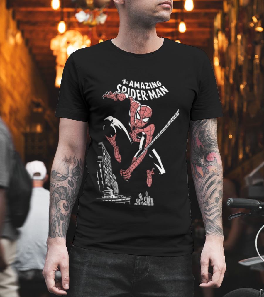 The Amazing Spider Man Swinging Above City Skyline T-Shirt
