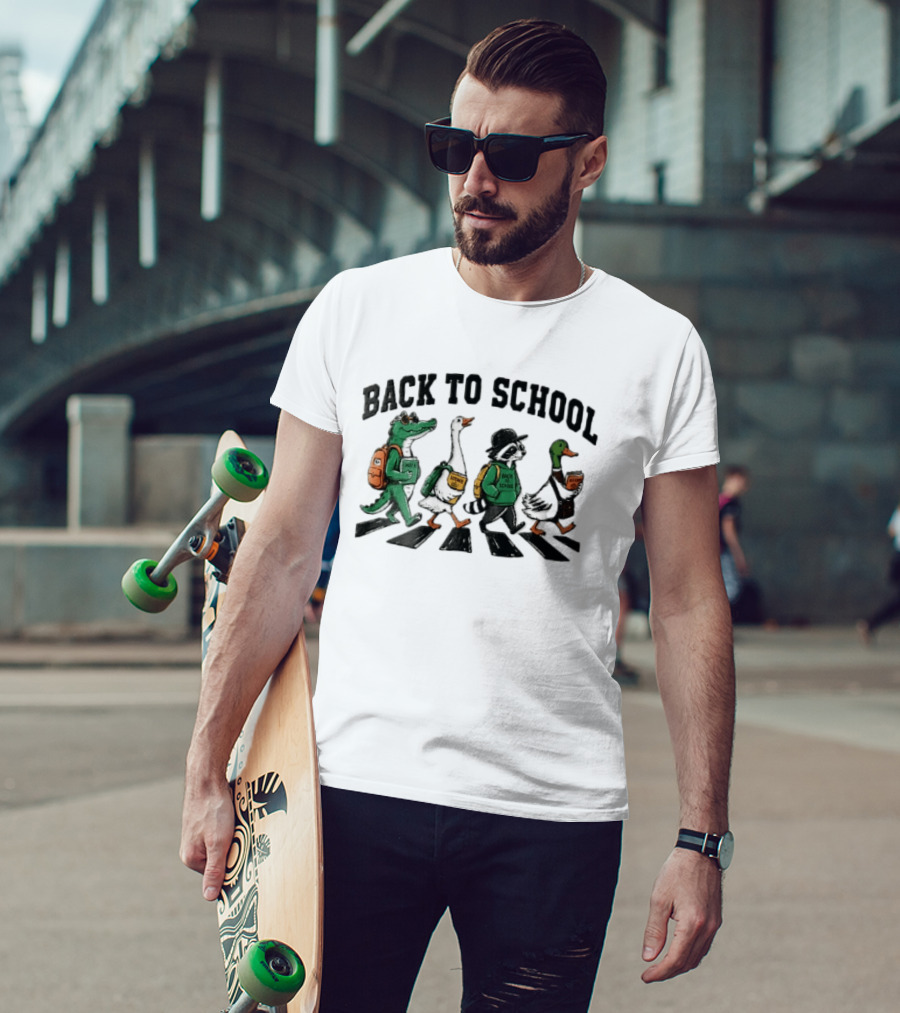 Back To School Alligator Goose Raccoon Duck Zebra Crosswalk Cartoon T-Shirt