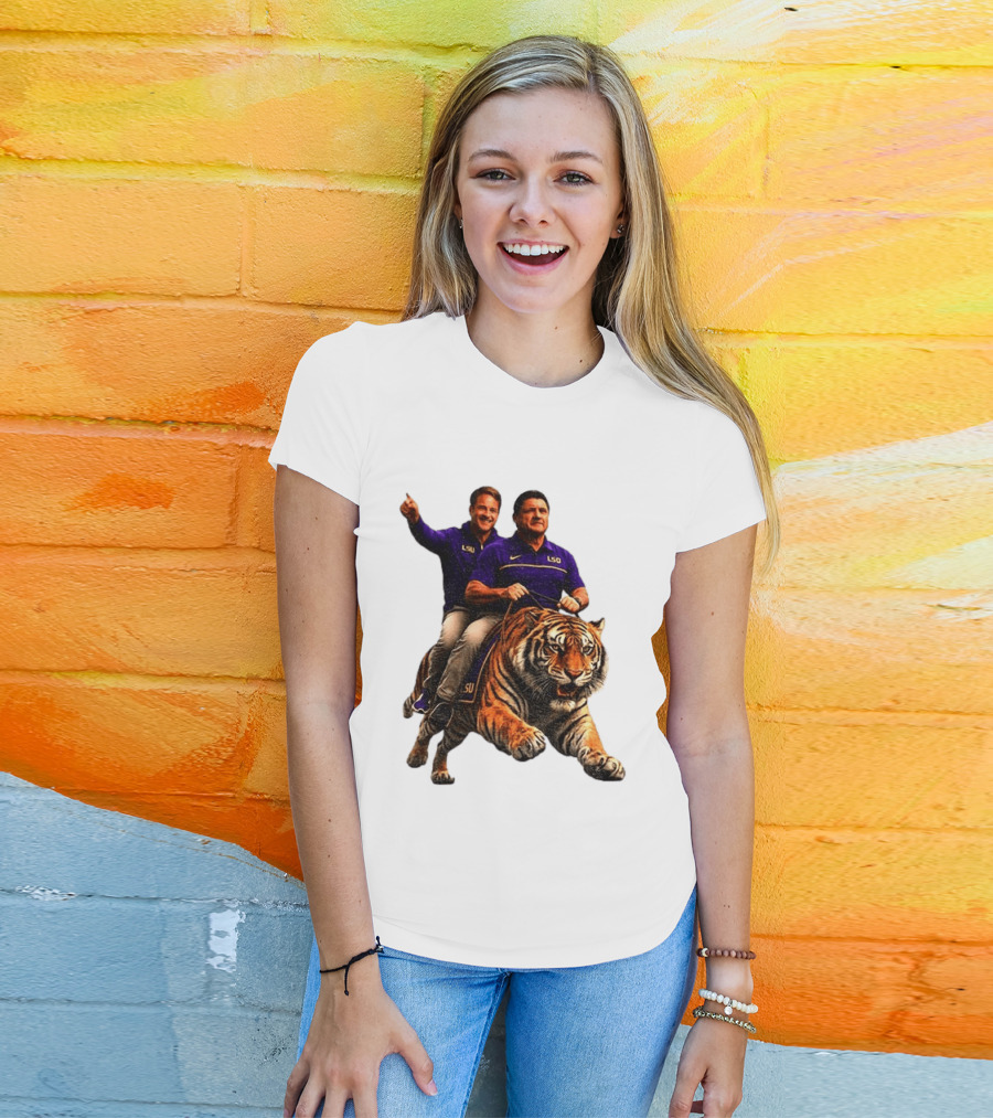Bayou Brothers Tiger Riding LSU Coach Ed Orgeron Vs Kim Mulkey T-Shirt