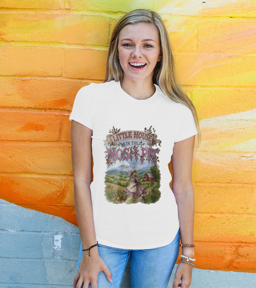 Little House In The Mosh Pit Pioneer Girl Screaming Pitchfork Red Barn Farm Country Scene T-Shirt