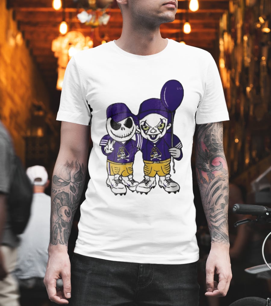 East Carolina Pirates NCAA Jack Skellington Pennywise Clown Purple Balloon T-Shirt