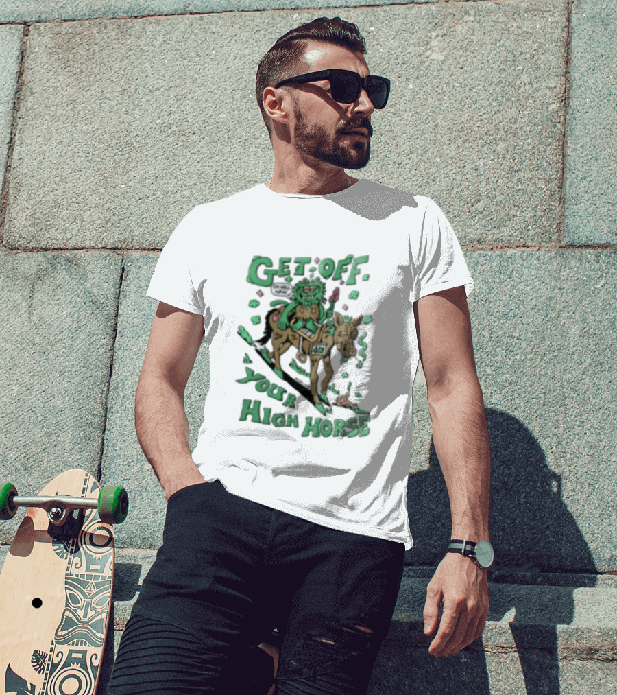 Get Off Your High Horse Killer Acid Trippy Creature Riding Horse Green Creature T-Shirt