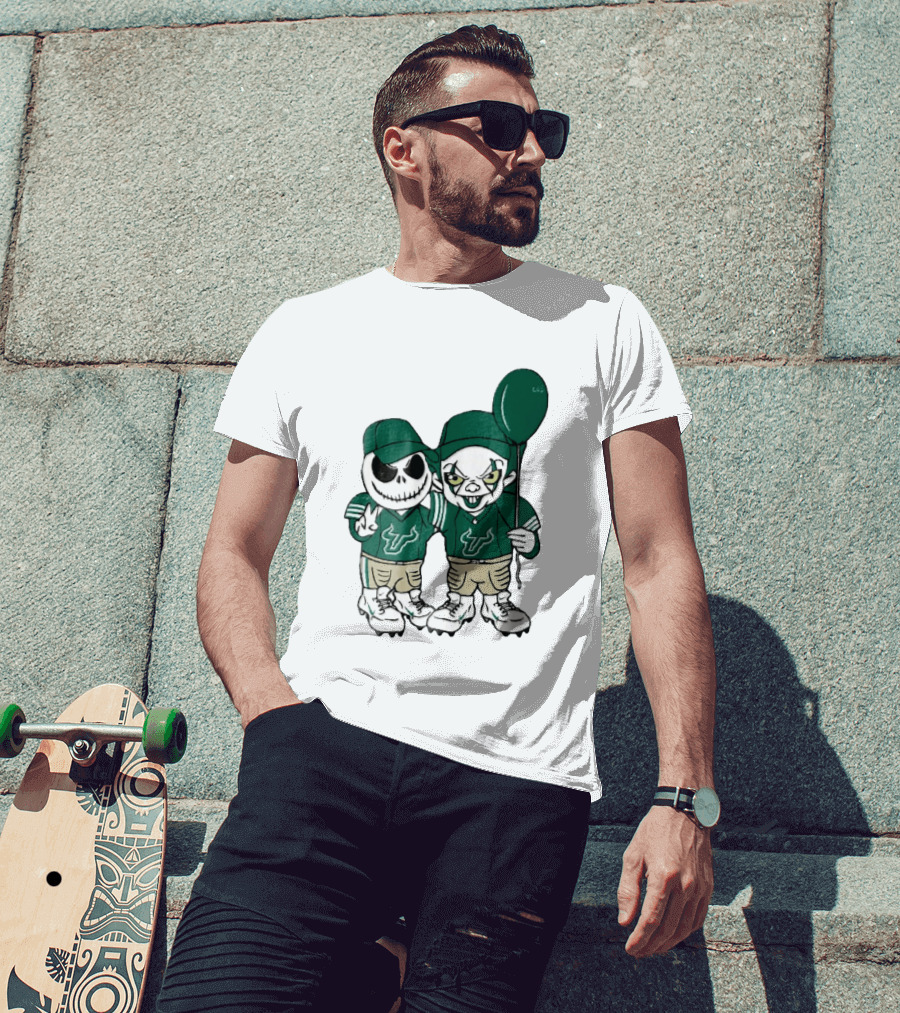 South Florida Bulls Skeleton And Evil Clown With Balloon NCAA Cartoon T-Shirt