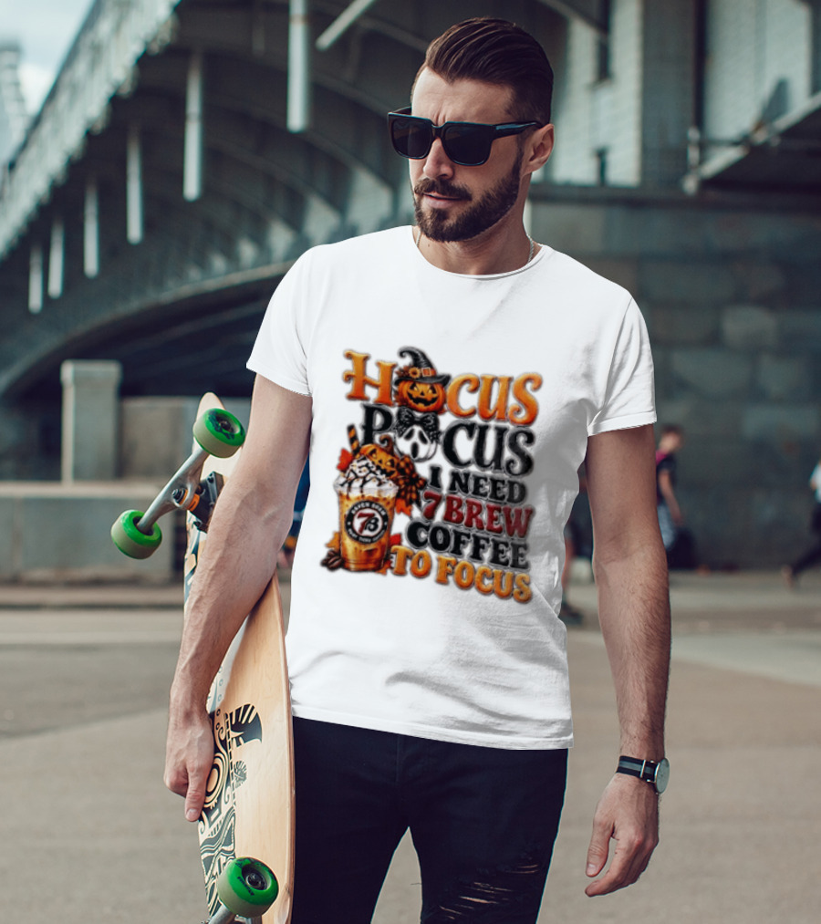 Hocus Pocus I Need 7 Brew Coffee To Focus Halloween Pumpkin Jack O' Lantern Drink T-Shirt