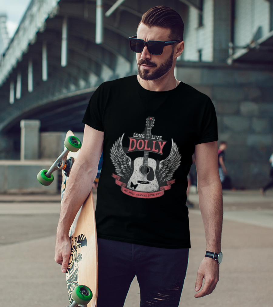 Long Live Dolly Distressed Winged Acoustic Guitar Butterfly Red Banner We Will Always Love You T-Shirt