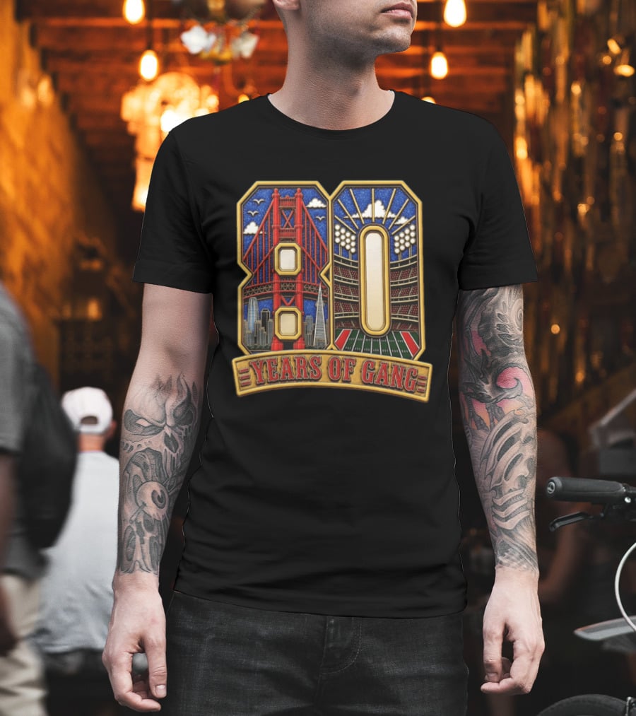 San Francisco 49ers 80 Years Of Gang Bridge And Stadium Celebration T-Shirt